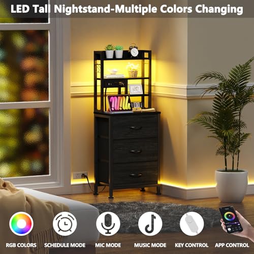 Tall Nightstand with Charging Station, 3 Drawers, Shelves & LED Lights
