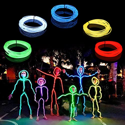 5-Pack 9.8ft EL Wire Neon Glow Rope Lights, Battery Powered for DIY Decor