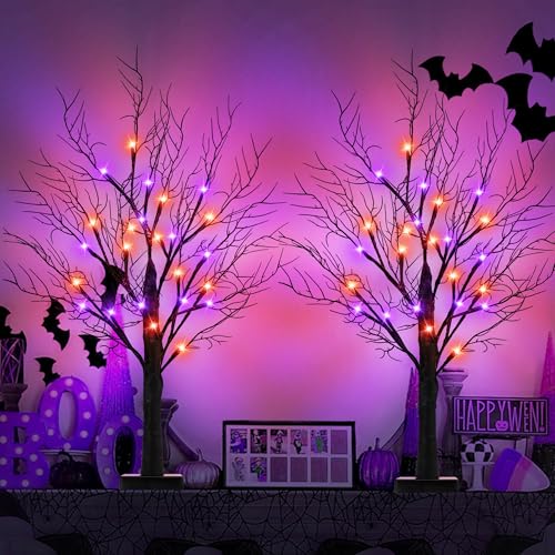 Halloween Tabletop Trees - 2 Pack 24 Inch with Orange & Purple Lights