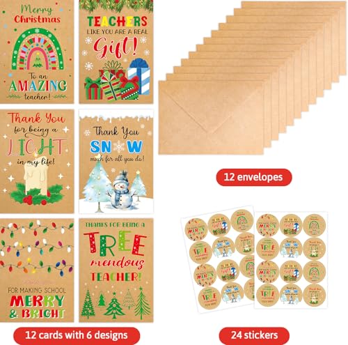 Kraft Christmas Thank You Cards for Teachers - 12 Pack Holiday Appreciation Cards with Envelopes & Stickers