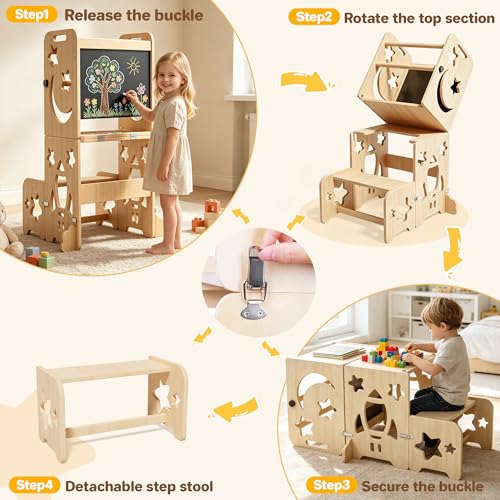 4-in-1 Foldable Montessori Toddler Learning Tower with Blackboard