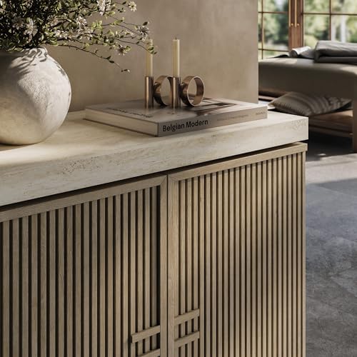 Modern Fluted Sideboard Buffet Cabinet with Travertine-Look Top