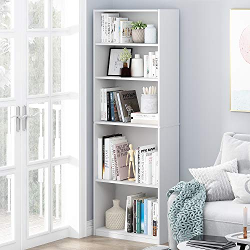 5-Tier Tall Bookshelf with Adjustable Shelves, White Storage Bookcase