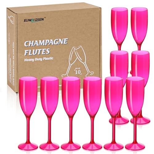 XUWAIDSGN Hot Pink Acrylic Champagne Flutes - Reusable Unbreakable Toasting Glasses, 10 Pack Wedding & Party