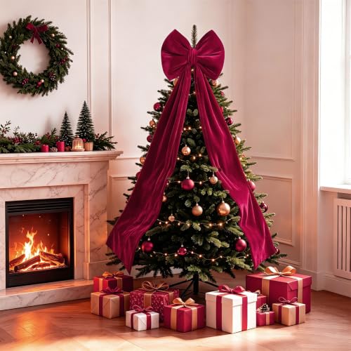Large Red Velvet Christmas Tree Topper Bow with Long Tails