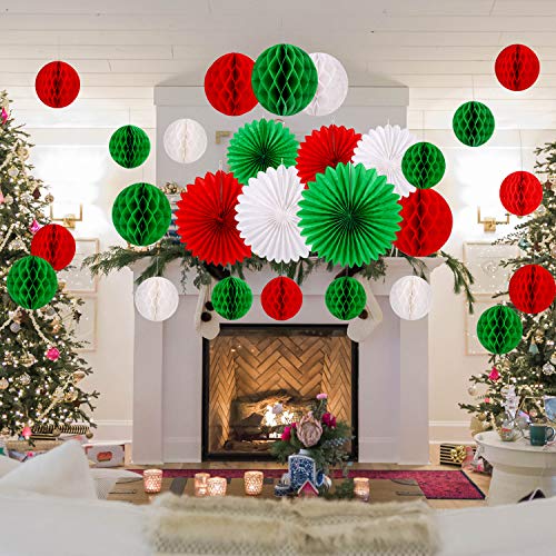 Konsait Christmas Paper Honeycomb Balls & Fans Kit – 30pc Red Green White Party Decor