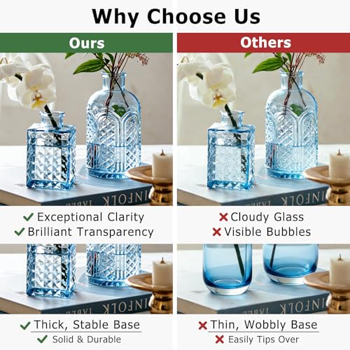 Blue Glass Bud Vases Set of 16 - Vintage Mini Flower Vases for Centerpieces