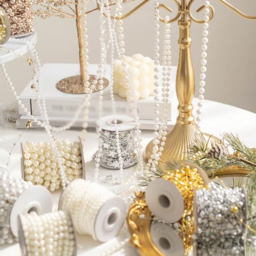 Silver Plastic Beaded Garland for Christmas Decorations, 10m Xmas Tree Beads