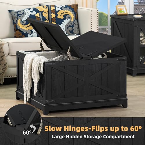 3-Piece Farmhouse Coffee Table Set with Hidden Storage and Barn Doors