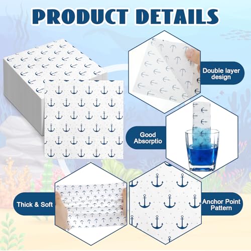 Sabary 100 Count Flat Edge Nautical Anchor Cocktail Napkins 5x5 inch