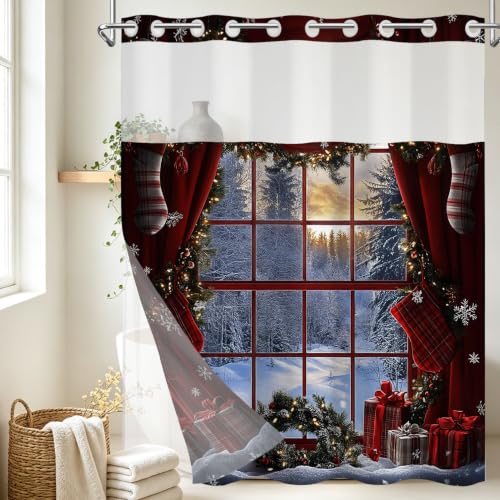 LB No Hook Red Christmas Shower Curtain with Fabric Liner Set - Rustic Holiday Decor