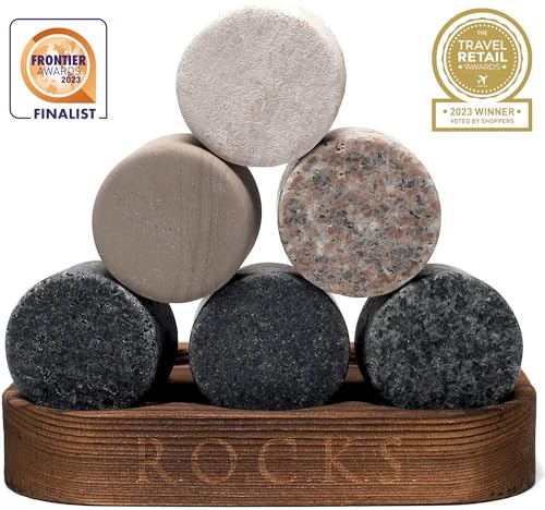 Rocks Whiskey Chilling Stones Set of 6 with Hardwood Storage Tray – Premium Granite Sipping Rocks for Fine Spirits
