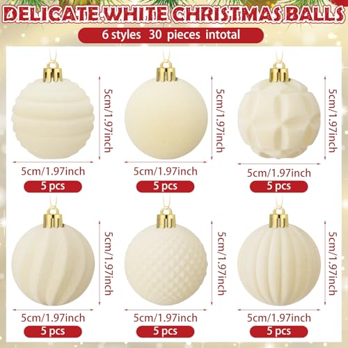 Menkxi 30 Pcs Cream White Velvet Christmas Ornaments, 2 Inch Flocked Balls – 6 Styles, Gold Hanging Cord