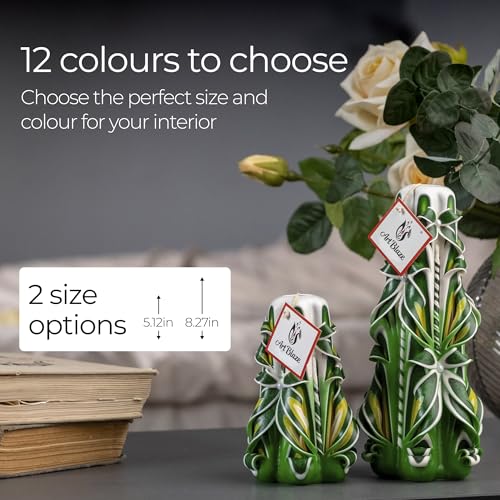 ART BLAZE Large 8.27in Green Carved Candle – Handmade Unscented Long-Burning Home Decor Gift