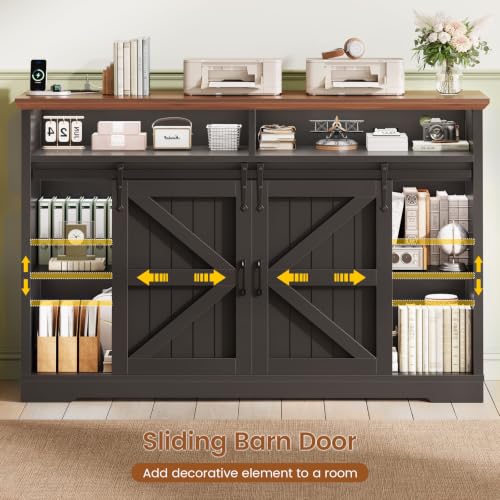 47.2-Inch Farmhouse File Cabinet with 2 Drawers, Barn Door & Charging Station