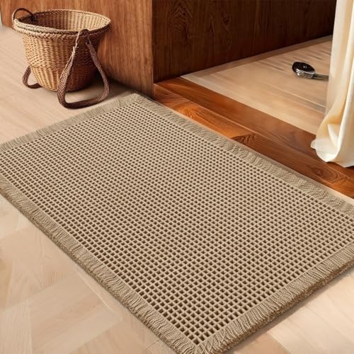 IM HOME Waffle Bath Mat Beige 32x20 Boho Non Slip Washable Rug