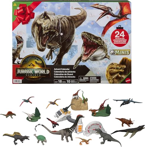 Mattel Jurassic World Rebirth Advent Calendar – 24 Dinosaur Surprises, 18 Mini Dinos & 4 Environment Pieces