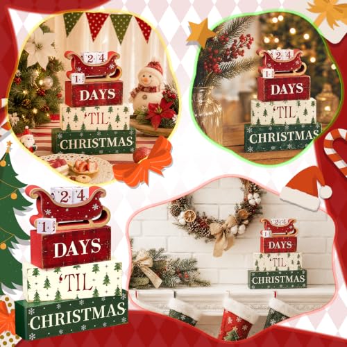 BORORO Christmas Countdown Sleigh Decor - Rustic Wood Countdown Blocks, Days ’Til Christmas, One Size