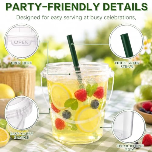 34oz Clear Plastic Drink Buckets with Lids, Handles & Straws — 30 Pack
