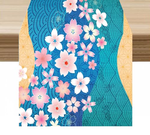 KANEPE Japanese Cherry Blossoms Table Runner 13x90in Cherry-Blue Seasonal Spring Decor