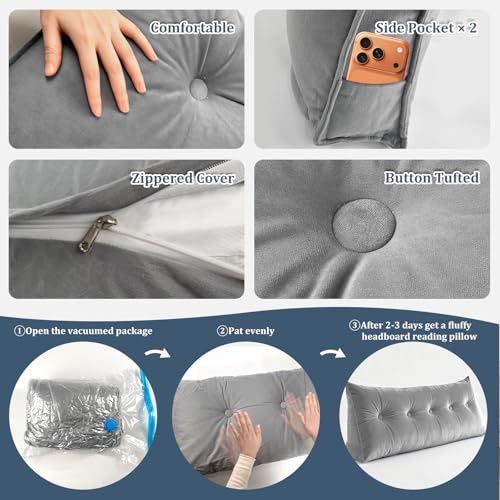 Wedge Headboard Pillow for Twin/Twin XL Beds - Soft Velvet with Pockets
