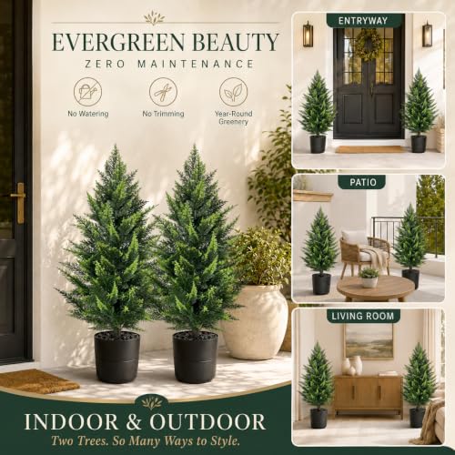 THKFUL 3ft Artificial Cedar Trees, 2 Pack in Pots, UV-Resistant Faux Cypress Topiary for Front Porch