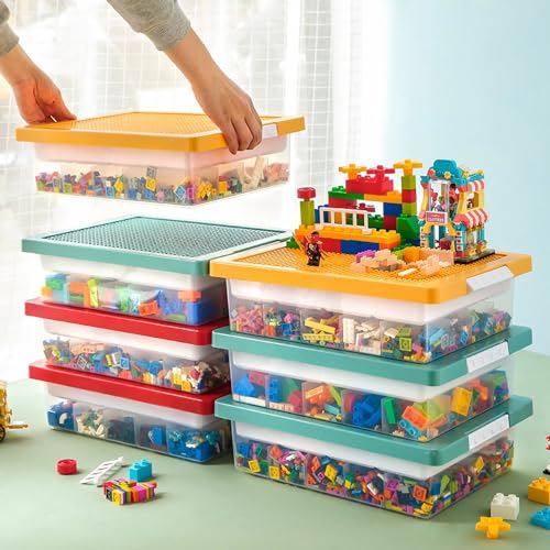 Stackable Toy Storage Organizer Box with Building Plate Lid and Removable Tray
