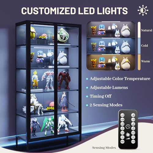 71-Inch Tall Glass Display Cabinet with Motion Sensor LED Lights