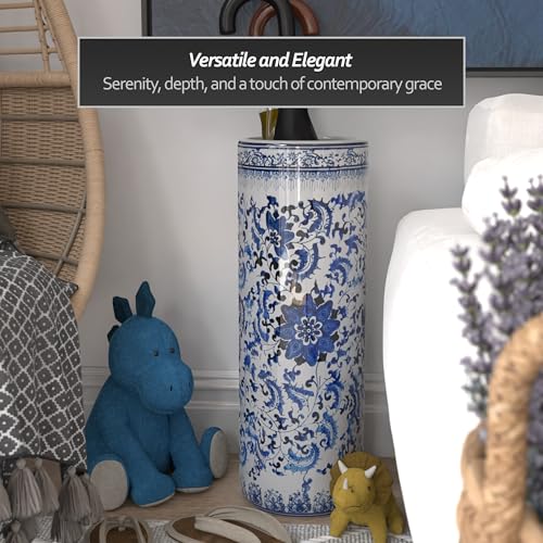 24-Inch Porcelain Umbrella Stand - Blue and White Floral Ceramic Holder