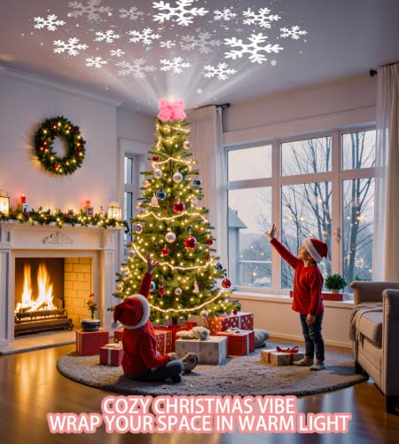 Tenmiro Pink Bow Christmas Tree Topper with 360° Snowflake Projection - Plug-In LED Decor