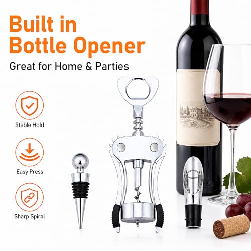 Heavy-Duty Zinc Alloy Wing Corkscrew & Bottle Opener - Ergonomic & Dishwasher Safe