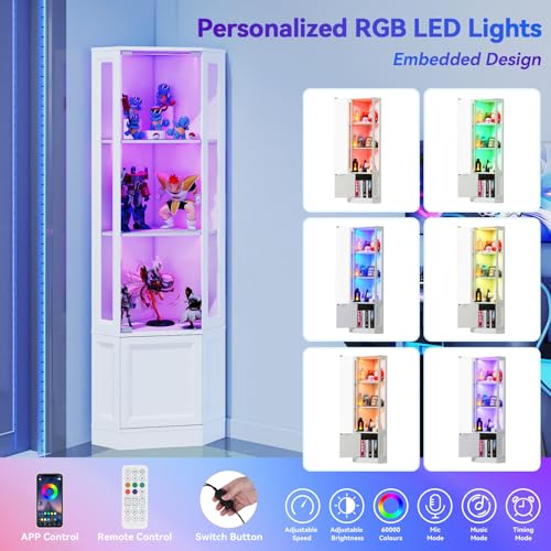 65-inch Corner Display Cabinet with LED Lights and Tempered Glass Door