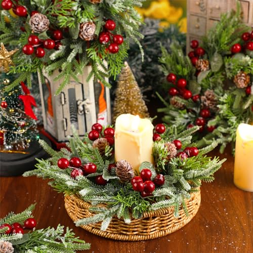 4-Pack Mini Christmas Candle Ring Wreaths with Berries & Pinecones