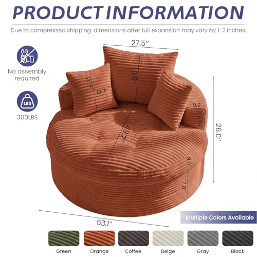 Oversized 54-inch Round Corduroy Floor Chair, Convertible Deep Seat Lounge