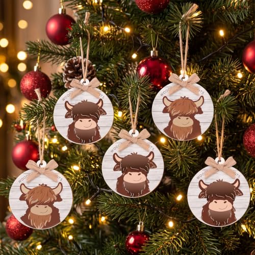 Geelin Highland Cow Christmas Ornaments Set — 12 Lightweight 3D Wooden Decorations