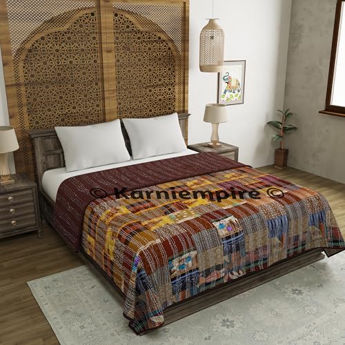 Handmade Kantha Quilt Throw | Vintage Bohemian Patchwork Blanket