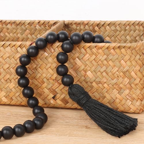 39-Inch Black Wood Bead Garland with Tassels, Rustic Farmhouse Decor