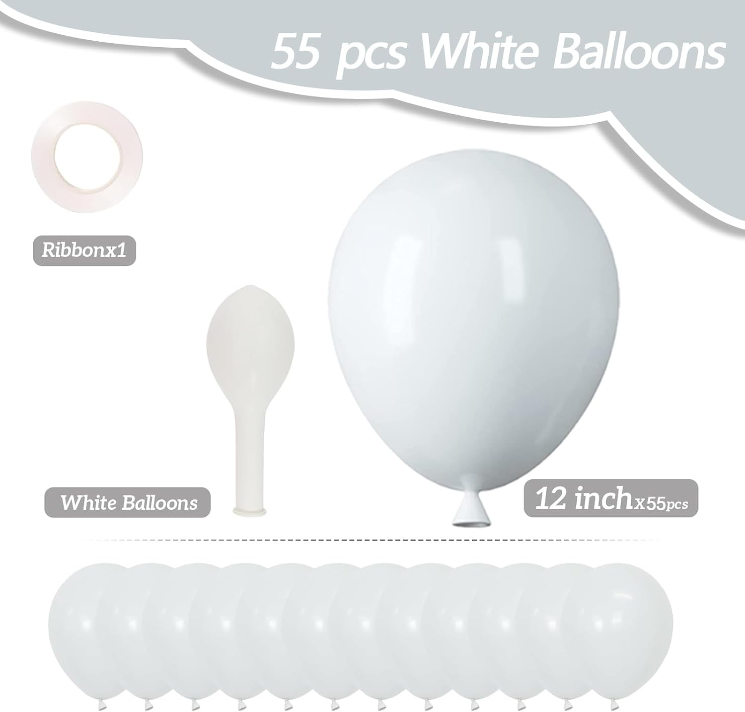 White Latex Balloons - 55 Pack of 12-Inch White Balloons with Ribbon for Celebrations & Events