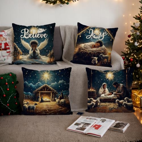 QIONG MENG Black Santa Christmas Pillow Covers 18x18 in Set of 4 - Front Pattern, Holiday Decor