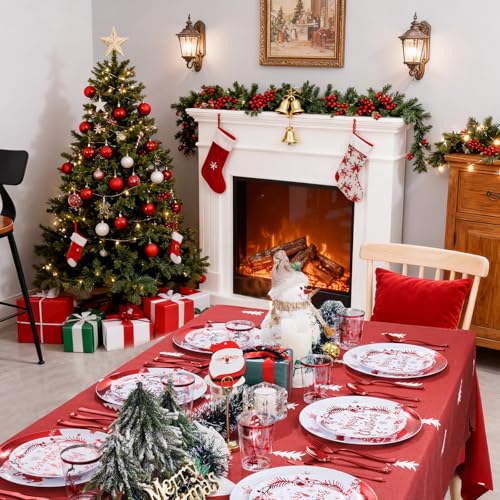 150pcs Red Christmas Plastic Plates Set - Elegant Foil-Stamped Dinnerware + 30 Dinner Plates