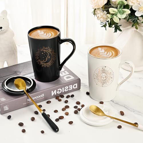 Maustic Sun & Moon Mugs 14oz - Black/White Aesthetic Boho Coffee Cups Gift Set