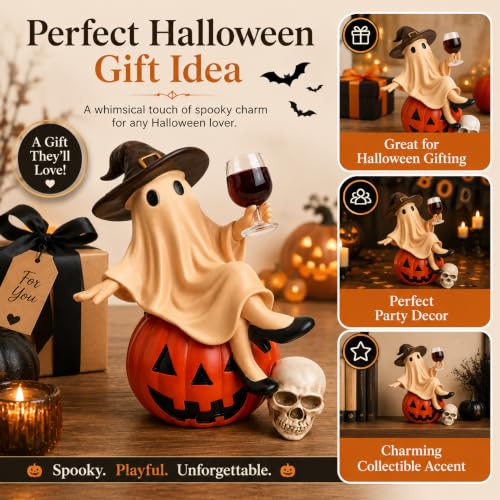 Resin Halloween Ghost Figurine with Witch Hat, Pumpkin & Wine Glass Decor