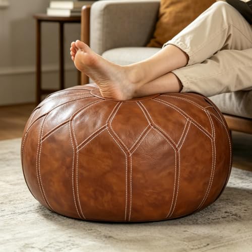 Round Faux Leather Unstuffed Pouf Ottoman - Boho Moroccan Foot Stool