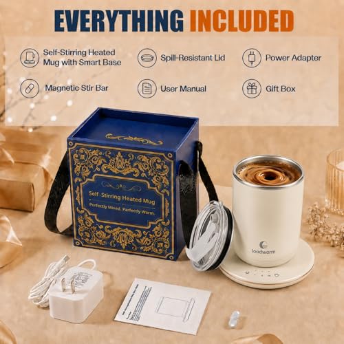 Loadwarm White Self-Heated Stirring Coffee Mug 10oz with Warmer - Auto Mixing & Temperature Control