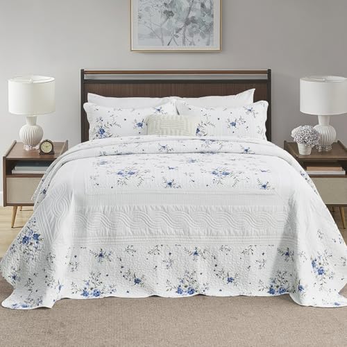Floral Oversized Queen Bedspread Set, 100% Cotton, 3 Piece