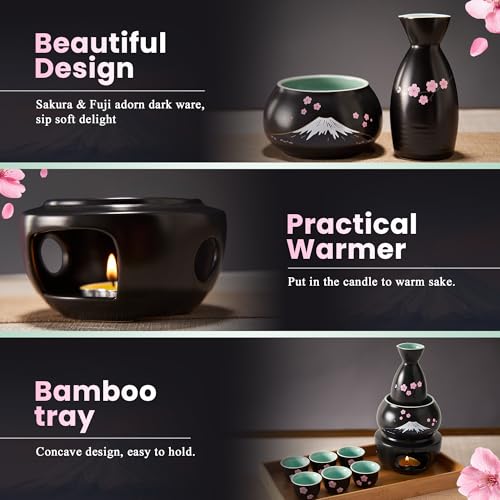 Black DUJUST Japanese Sake Set with Warmer, 6 Cups, Bottle, Candle Stove & Gift Box