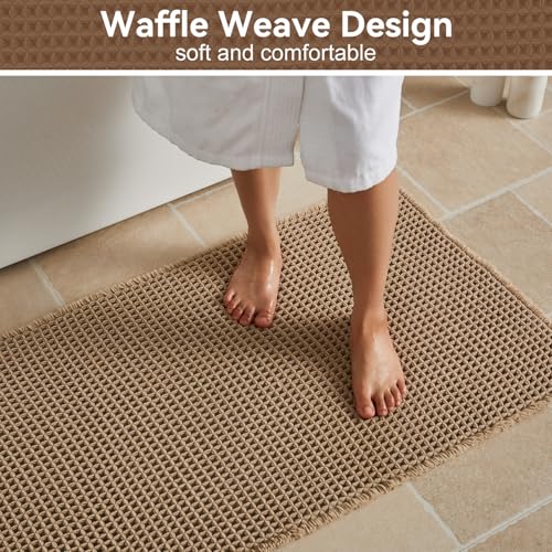 Triohero Waffle Bath Mat - Non-Slip Boho Bathroom Rug, 16" x 24" Khaki