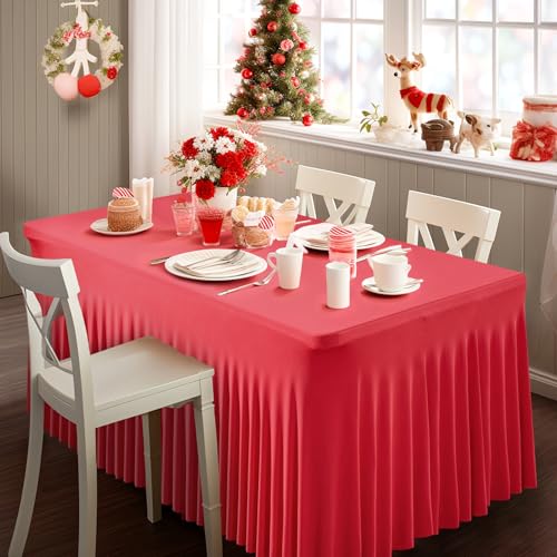 Party Talk Red 6 ft Rectangle Tablecloths 4 Pack – 72x30 In Fitted Spandex with Skirt
