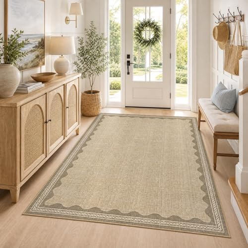 5x7 Scalloped Washable Area Rug, Non-Slip Low-Pile Carpet for Living Room