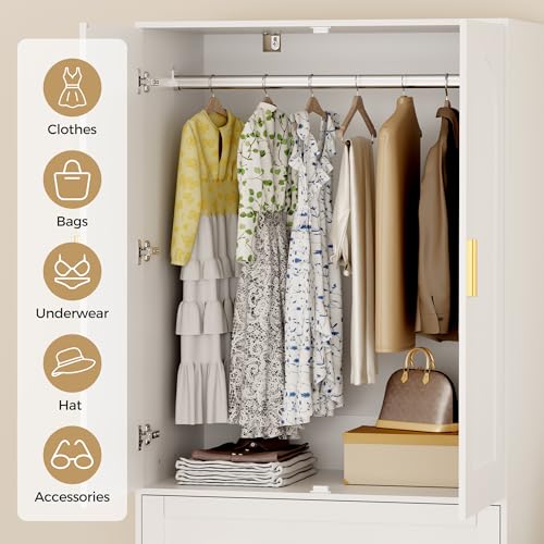 71-Inch Freestanding Wooden Wardrobe Closet with 3 Drawers and Hanging Rod